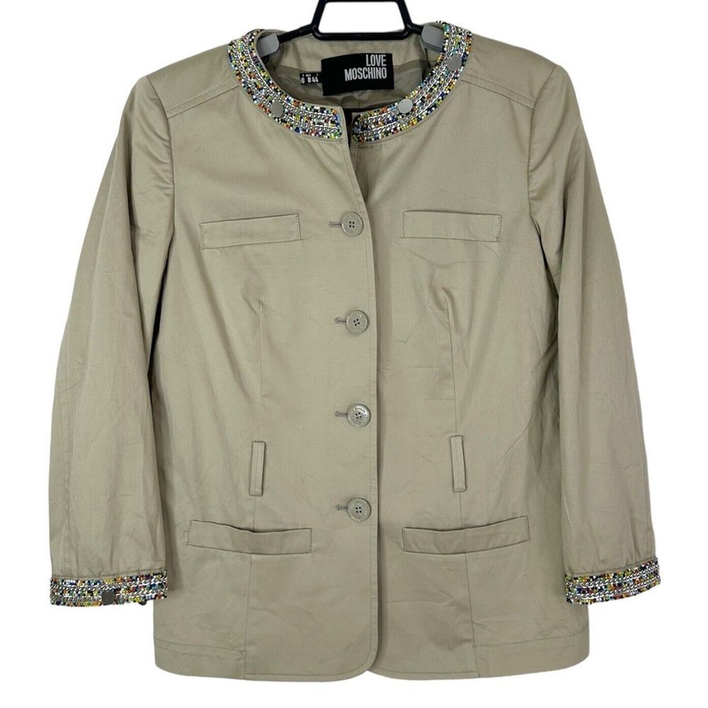 Love Moschino Jacket Womens 8 Beaded Buttons Collarless Pockets Khaki Italy